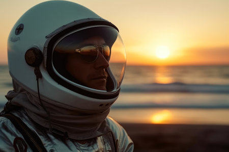 Portrait of a young man in a helmet and glasses on the background of the sea.の素材