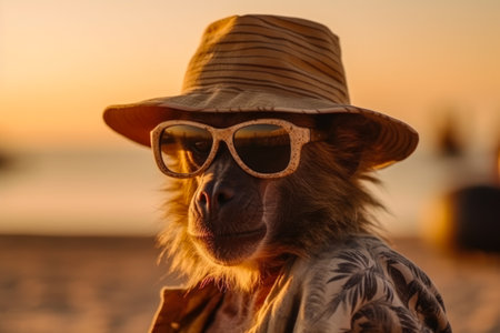 Portrait of a monkey wearing sunglasses on the beach at sunset.の素材