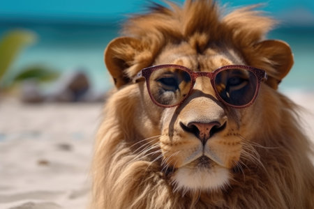 Portrait of a lion with sunglasses on a background of the seaの素材