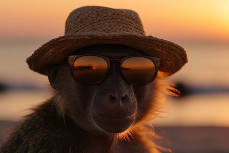 Baboon monkey in hat and sunglasses on the beach at sunsetの素材