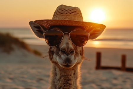 Portrait of a camel wearing a hat and sunglasses on the beach at sunsetの素材