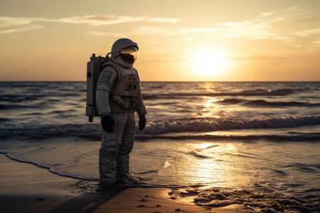 Astronaut in spacesuit walking on the beach at sunset.の素材