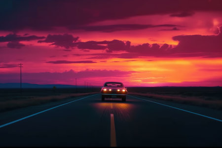 Car on the road at sunset in California, United States of Americaの素材