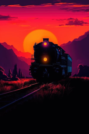 Train on the railroad in the mountains at sunset,の素材