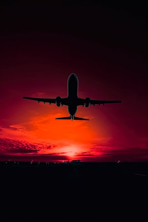 Airplane silhouette on the background of the sunset sky. travel conceptの素材