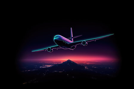 Airplane flying above the city at night.の素材