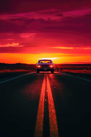 Car on the road at sunset. Road trip and travel concept.の素材