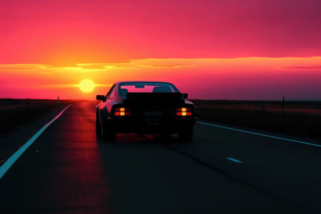Car on the road at sunset. Car on the road at sunset.の素材