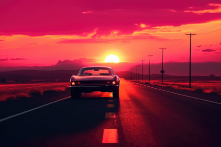 Car on the road at sunset. Retro car on the road.の素材