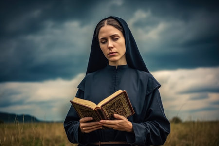 Young woman in a black medieval costume reading a bible in the fieldの素材