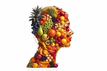 Human head made of fruits and vegetables, isolated on white background.の素材