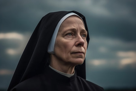 Portrait of a senior nun standing in front of stormy skyの素材