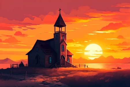 Church on the shore of the lake at sunset.の素材