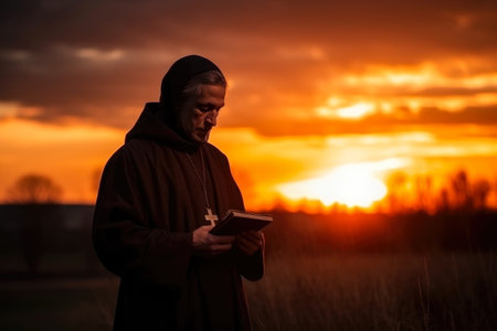 Handsome man reading a bible in the field at sunset.の素材