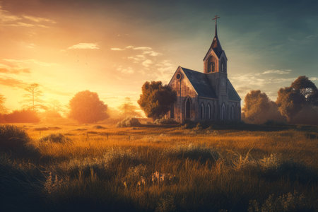 Church in the meadow at sunrise. Beautiful rural landscape with church.の素材
