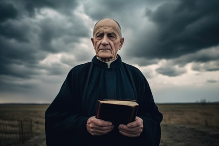 Old priest with a bible in his hands on the background of stormy skyの素材