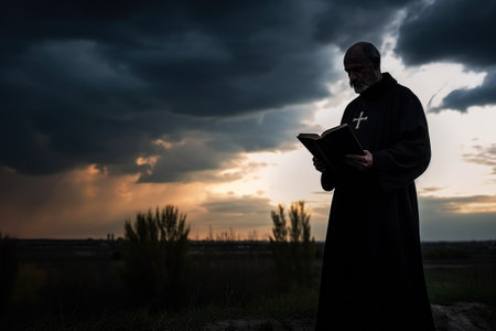 Silhouette of a priest with a bible in his hands during sunsetの素材