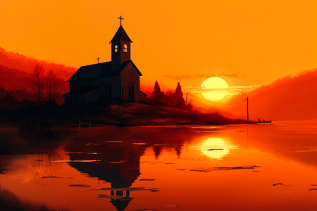 Church on the lake at sunrise. Digital painting in red tones.の素材
