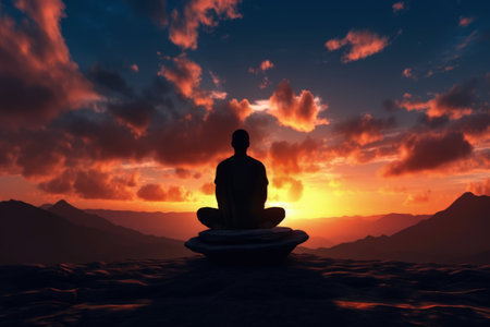 Meditating man on a background of a beautiful sunset.の素材