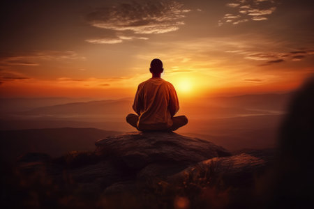 Silhouette of a man meditating on top of a mountain at sunsetの素材
