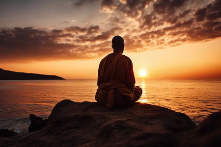 Buddhist monk meditating on the seashore at sunsetの素材