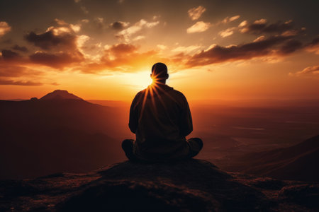 Silhouette of a man meditating on top of a mountain during sunsetの素材