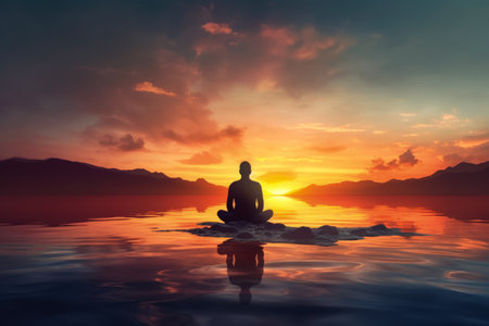Man meditating on a rock at sunset.の素材