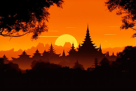 Silhouette of a Buddhist temple in the morning at sunrise.の素材