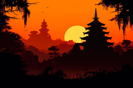 silhouette of ancient pagoda at sunset,の素材