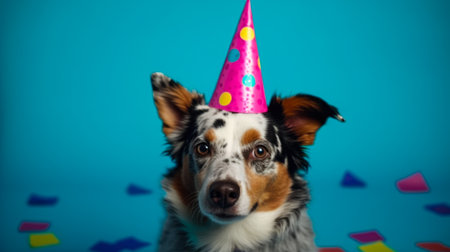funny australian shepherd dog with birthday hat on blue backgroundの素材