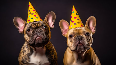 two cute french bulldog puppies with birthday hats on black background.の素材
