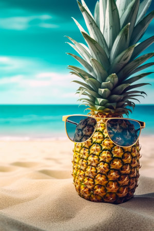 Pineapple with sunglasses on the beach. Summer vacation concept.の素材