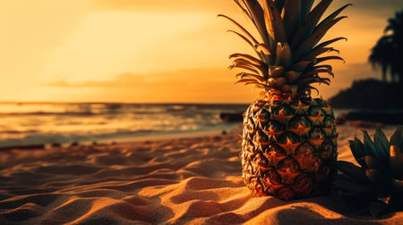 Pineapple on the beach at sunset. Tropical vacation concept.の素材