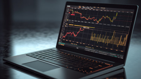 Laptop with stock market chart on screen.の素材