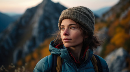 Portrait of a young woman with a backpack on the background of the mountains.の素材