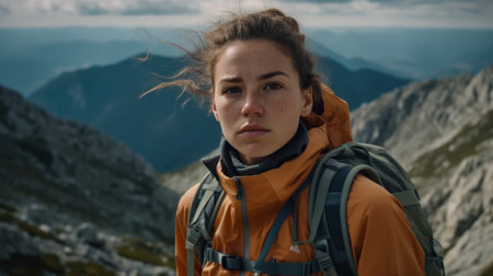 Young woman hiker with backpack hiking in mountains. Hiking concept.の素材