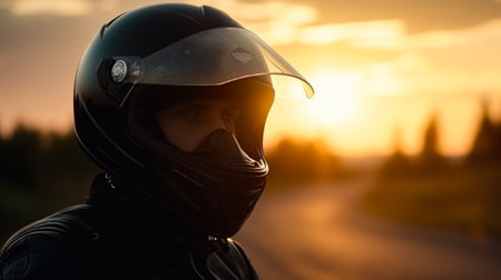 Motorcycle biker wearing protective helmet on the road at sunset.の素材