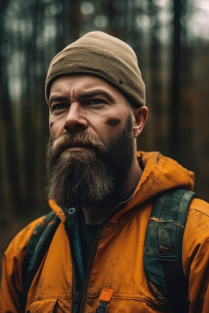 Portrait of a bearded man in a yellow jacket and a hat.の素材