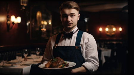 Waiter in a restaurant serving a roast turkey. Restaurant menu.の素材