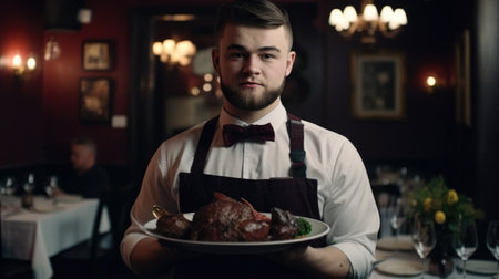 Portrait of a waiter holding a plate with roasted turkey in a restaurantの素材