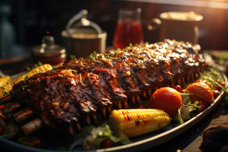 An all-American barbecue scene featuring succulent ribs, corn on the cob, and tangy barbecue sauce.の素材