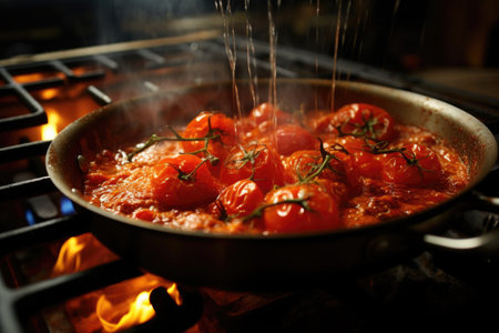 A close-up of a bubbling pot of homemade tomato sauce simmering on the stove, ready to be served over pasta.の素材