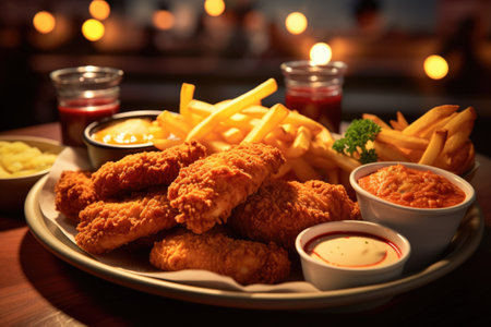 A plate of crispy chicken tenders served with dipping sauces and a side of fries. Generative AIの素材