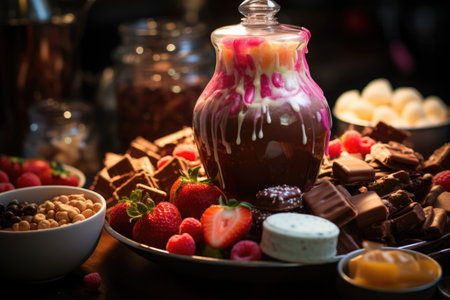 A close-up of a chocolate fondue fountain surrounded by an assortment of dippable treats. Generative AIの素材