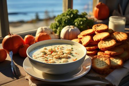 A bowl of classic New England clam chowder with a side of oyster crackers. Generative AIの素材