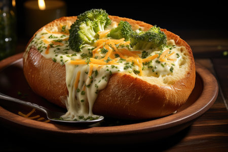 A bowl of comforting broccoli cheddar soup served in a bread bowl. Generative AIの素材