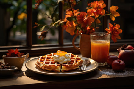 A rustic wooden table set with a cozy fall-themed brunch featuring pumpkin waffles and apple cider. Generative AIの素材