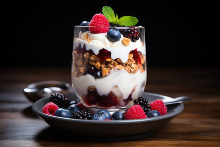 A close-up of a fruit parfait with layers of yogurt, granola, and mixed berries. Generative AIの素材