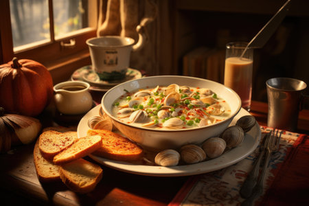 A bowl of classic New England clam chowder with a side of oyster crackers. Generative AIの素材