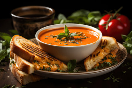 A bowl of comforting tomato basil soup with a grilled cheese sandwich on the side. Generative AIの素材